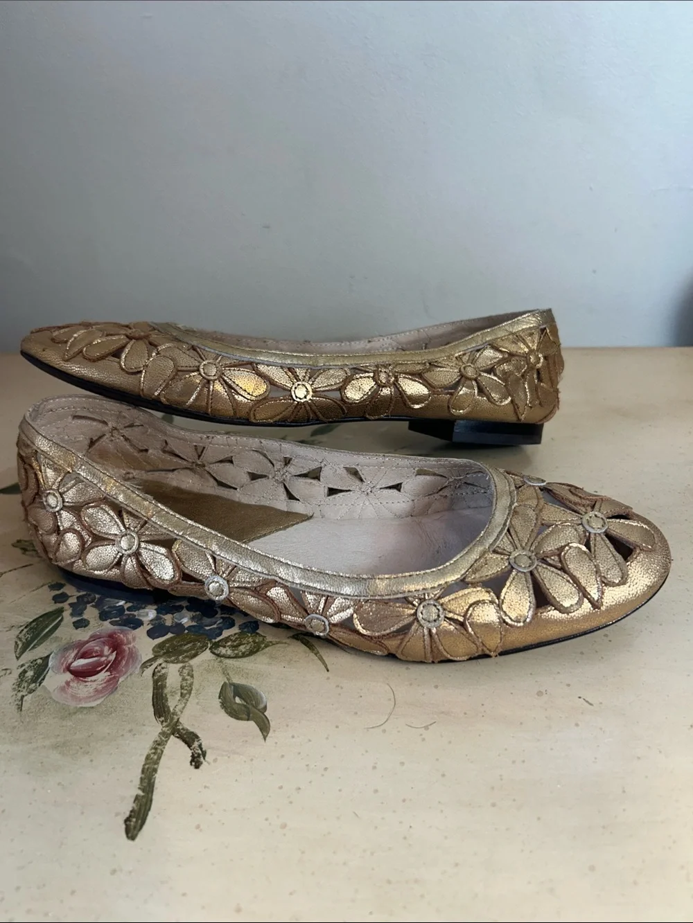 Michael Kors Gold Floral Leather  Cutout Ballet Flats